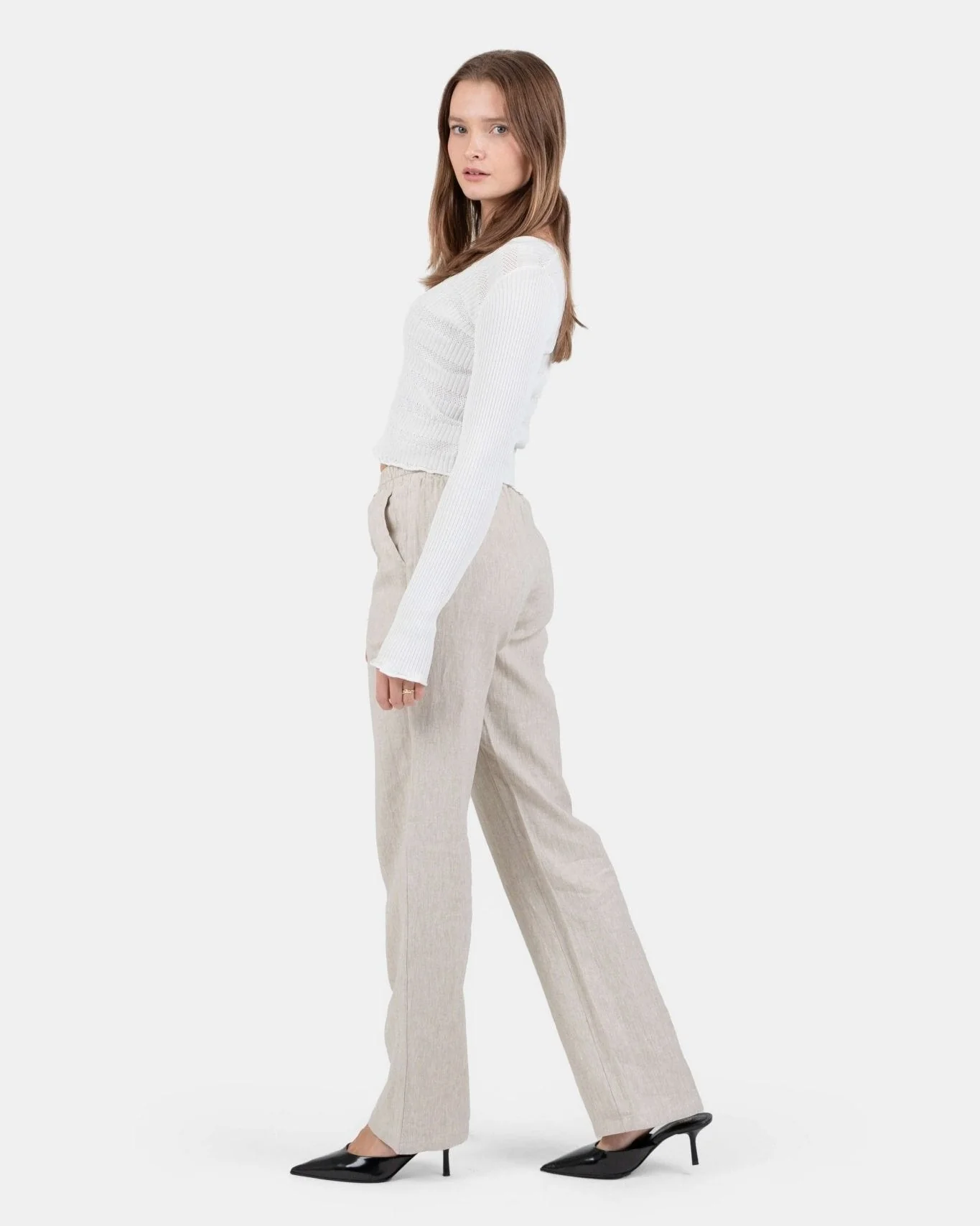 Flax pants high -waisted beige - Image 3
