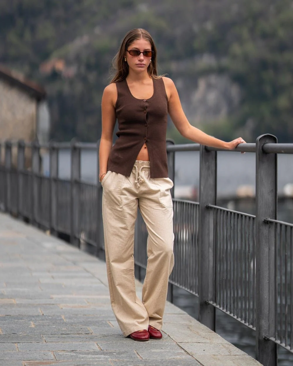 Flax pants low -waisted beige - Image 3