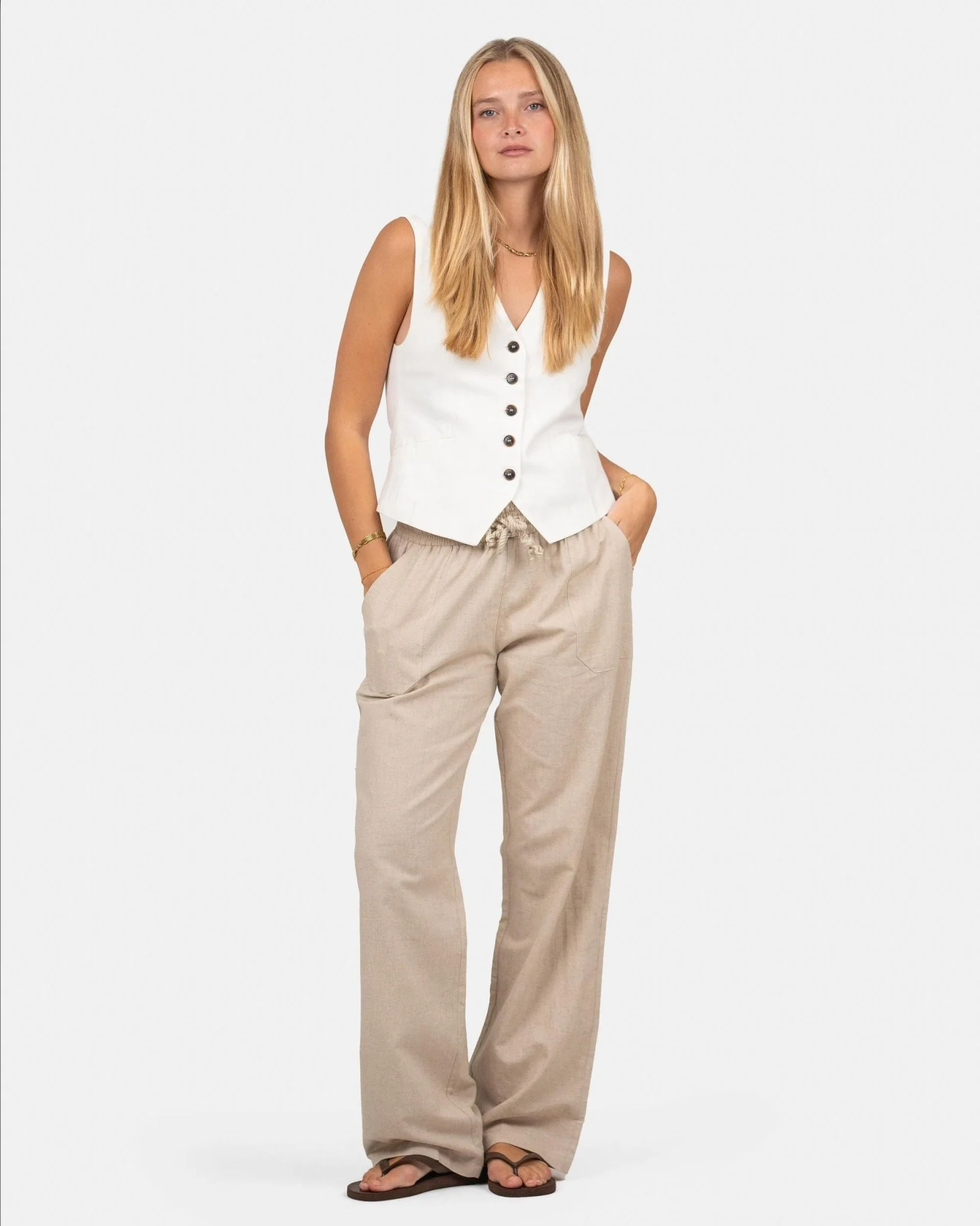 Flax pants low -waisted beige - Image 5
