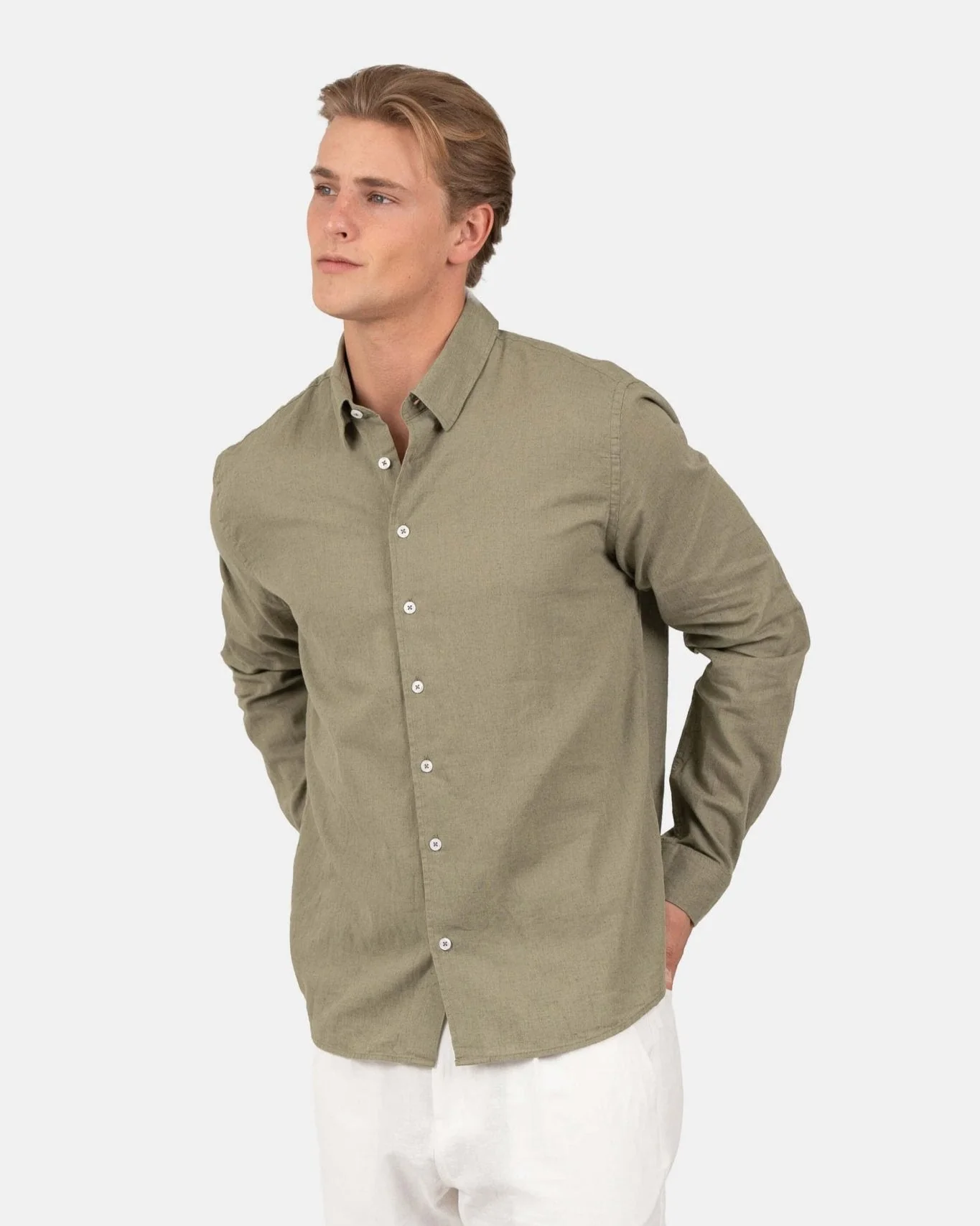 Long -sleeved flax -shirt army - Image 4