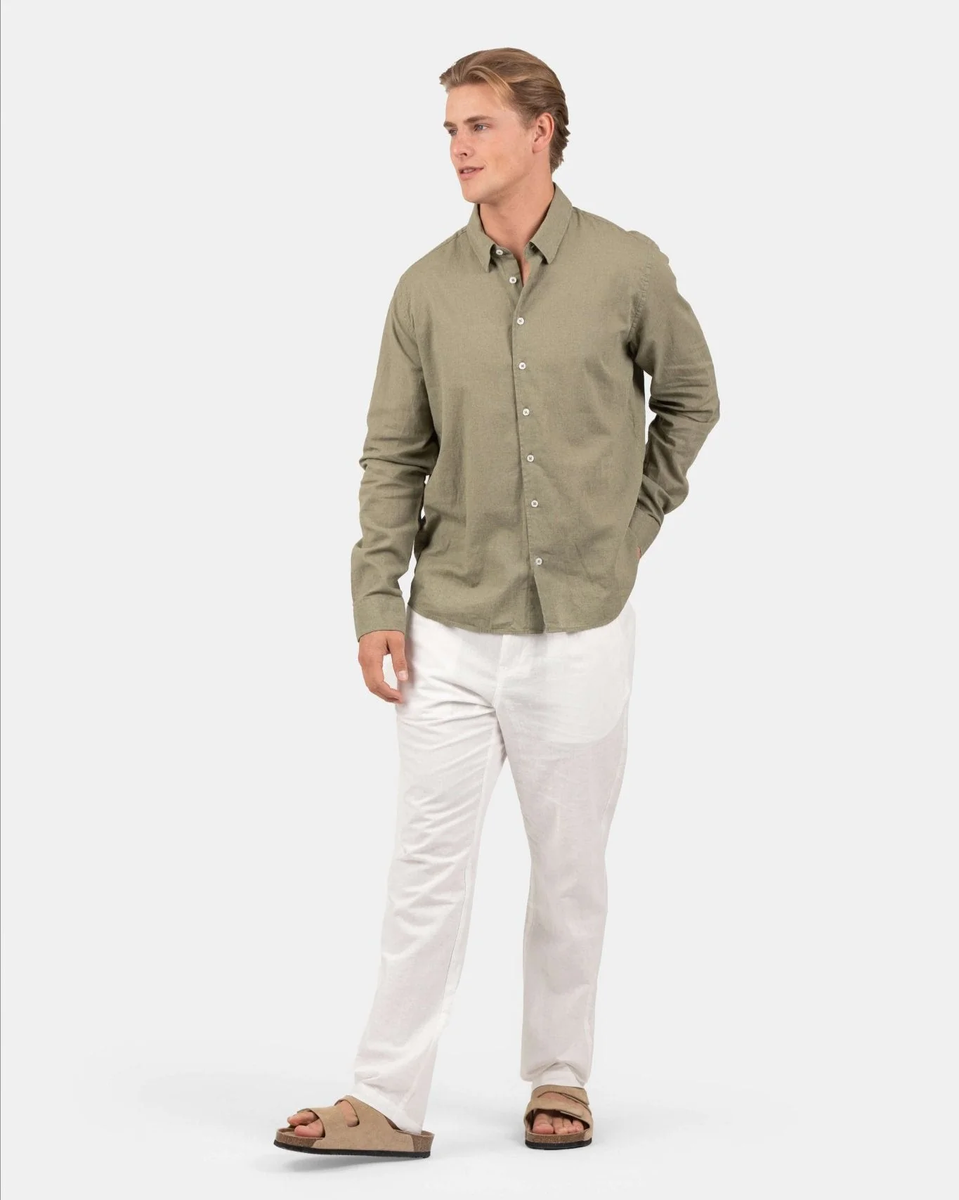 Long -sleeved flax -shirt army - Image 5
