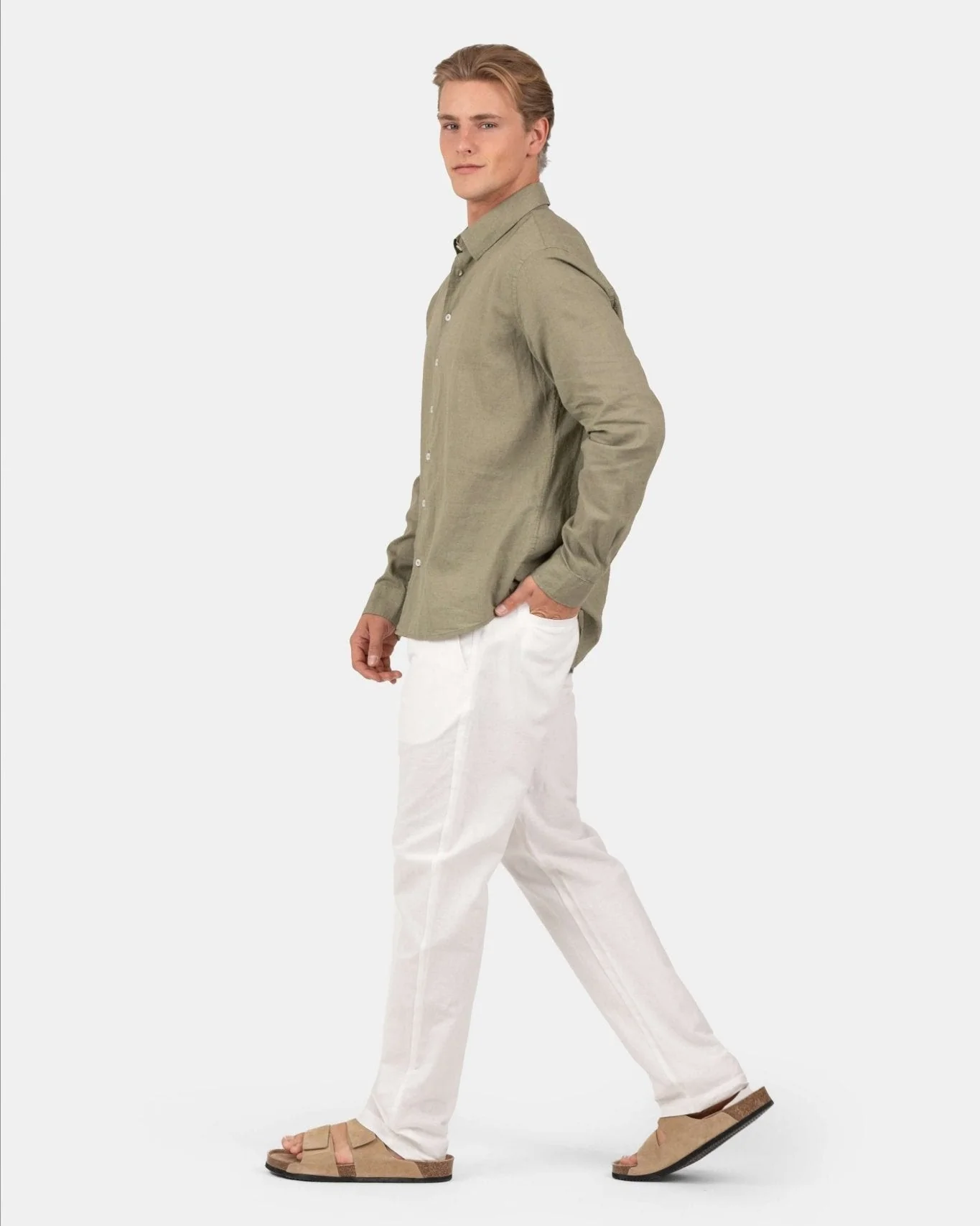 Long -sleeved flax -shirt army - Image 6
