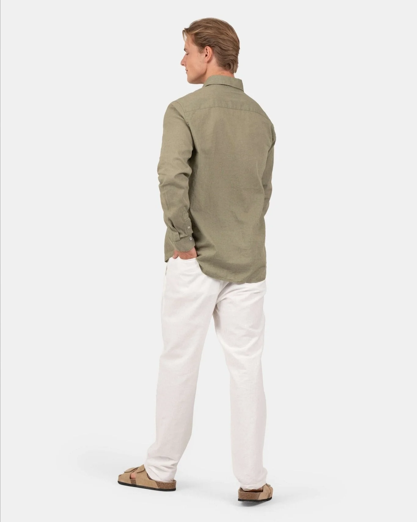 Long -sleeved flax -shirt army - Image 7