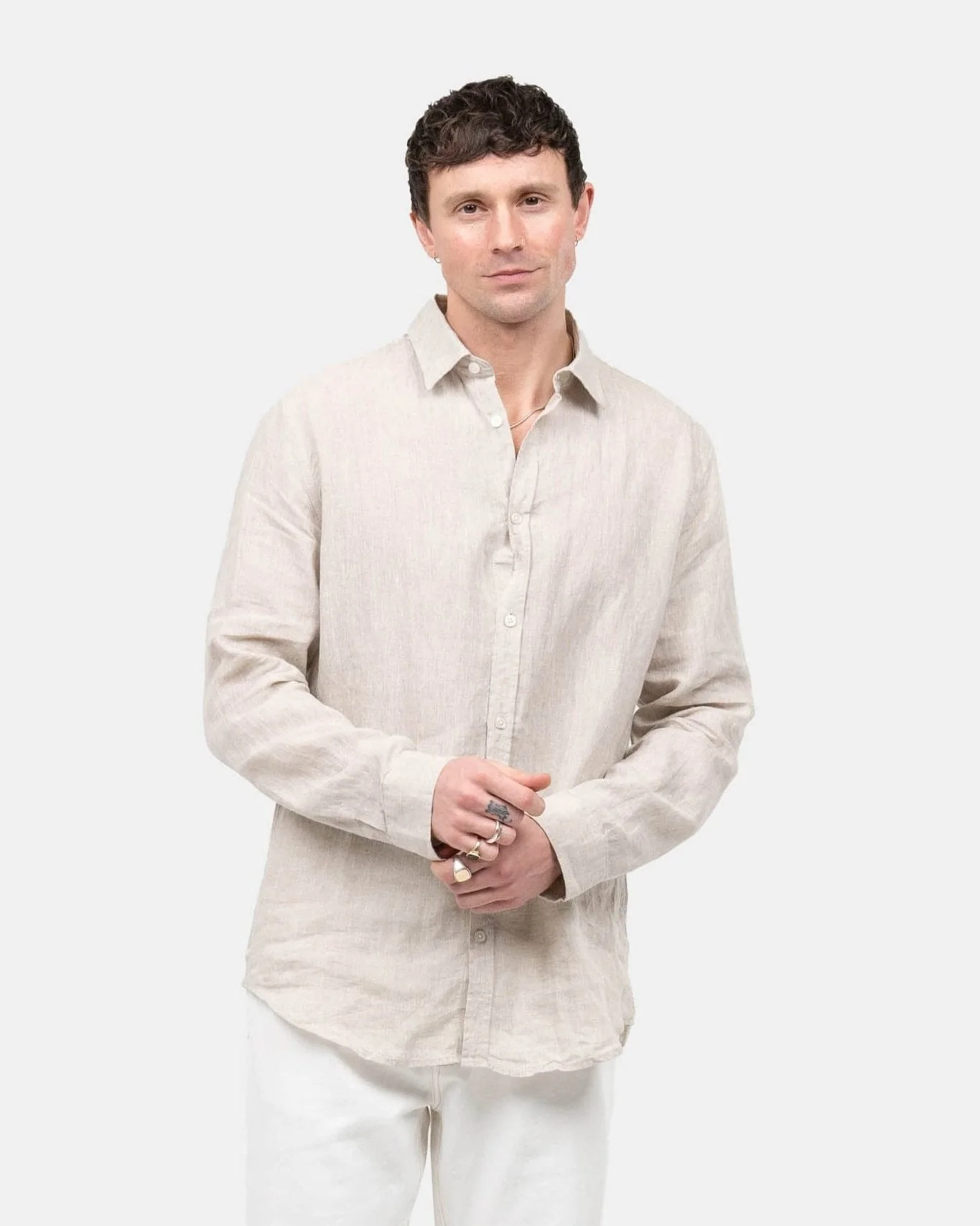 Long -sleeved flax shirt beige - Image 3