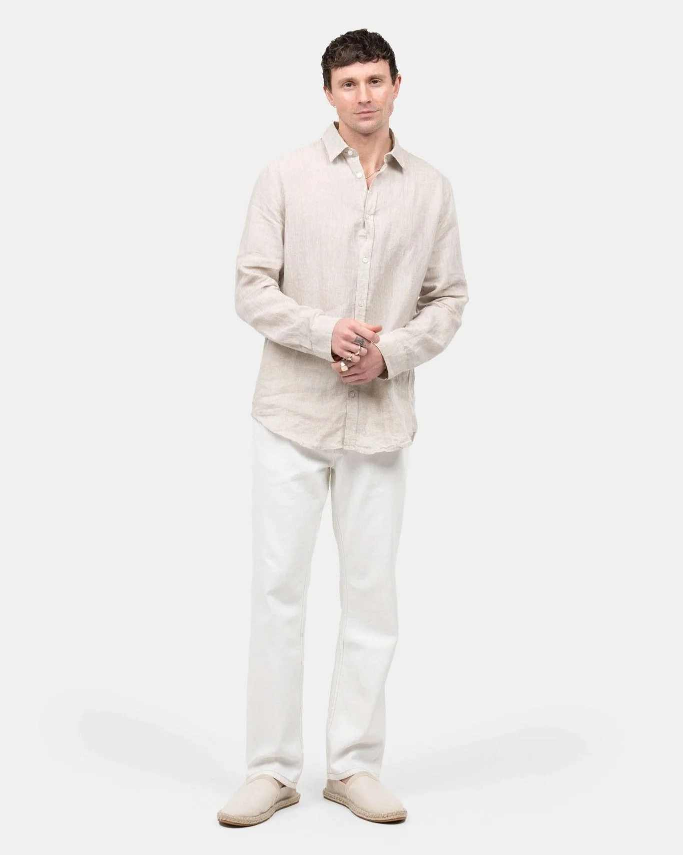 Long -sleeved flax shirt beige - Image 4