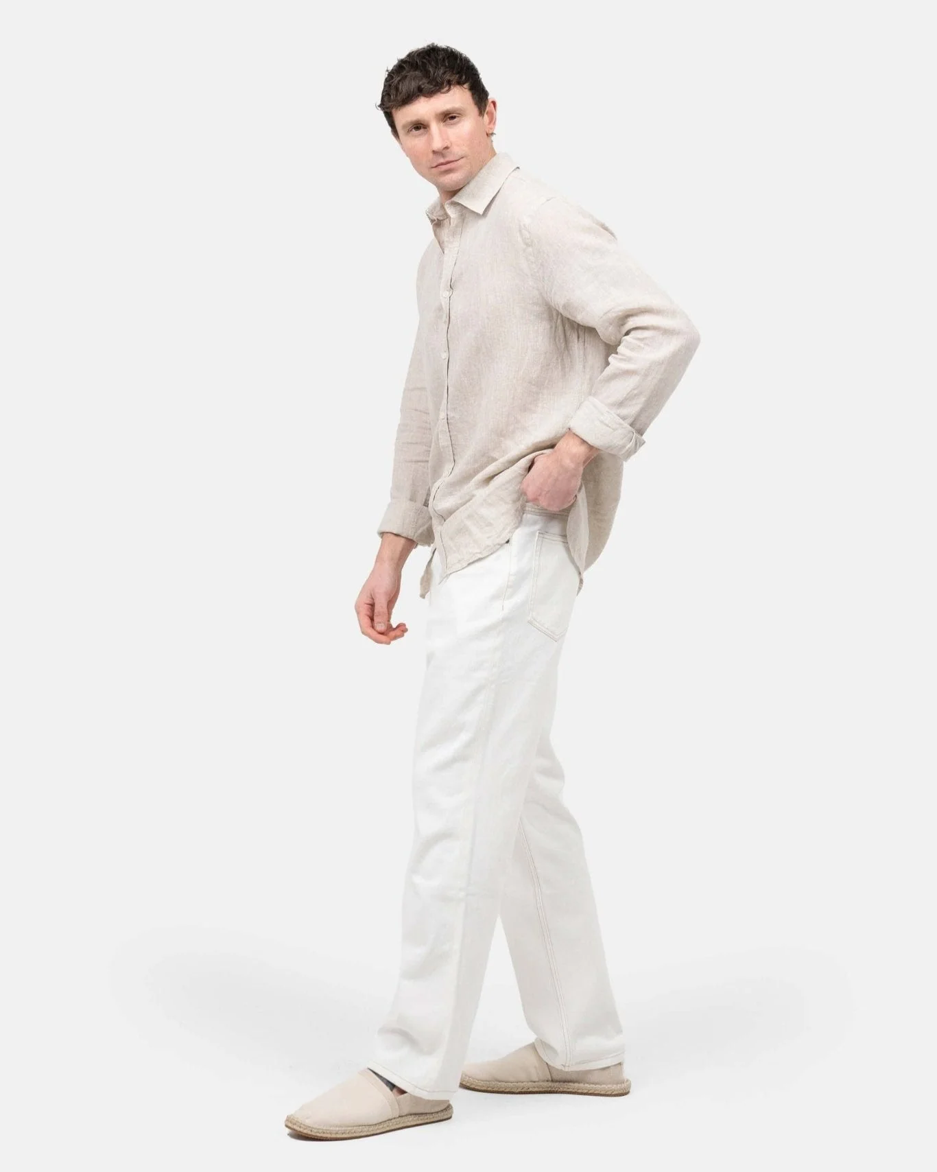 Long -sleeved flax shirt beige - Image 6