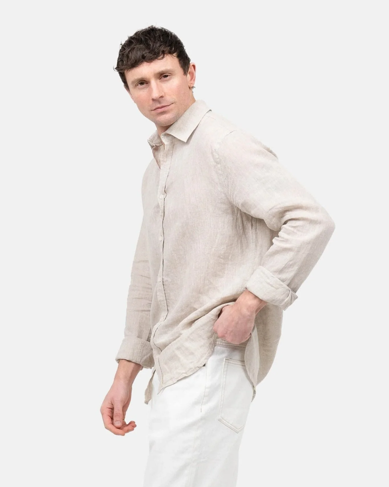 Long -sleeved flax shirt beige - Image 7