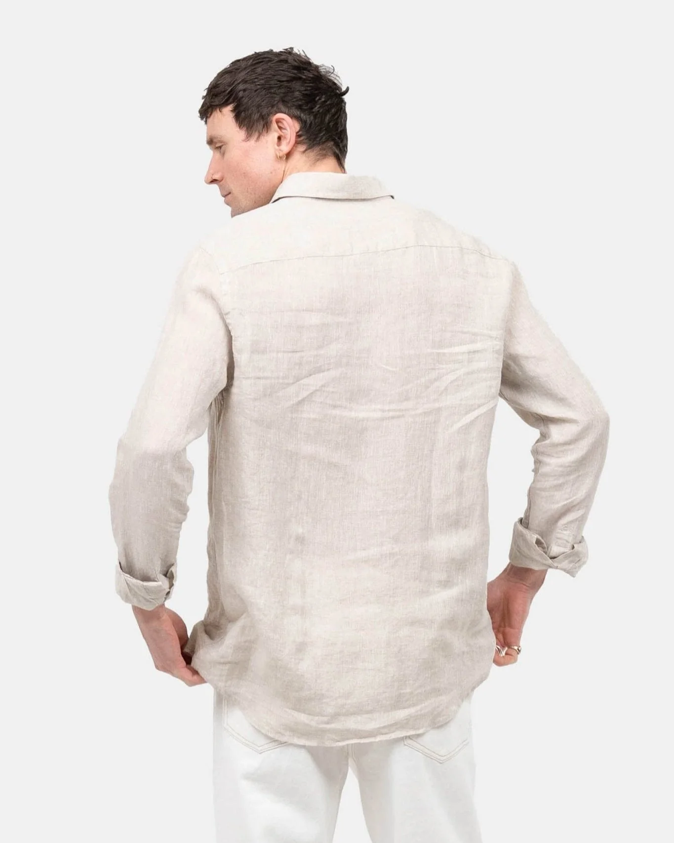 Long -sleeved flax shirt beige - Image 9