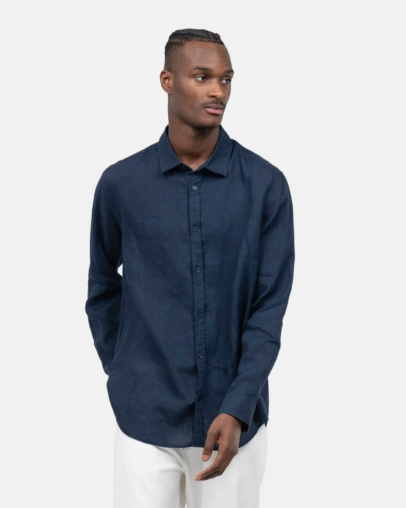 Long -sleeved flax shirt navy - Image 3