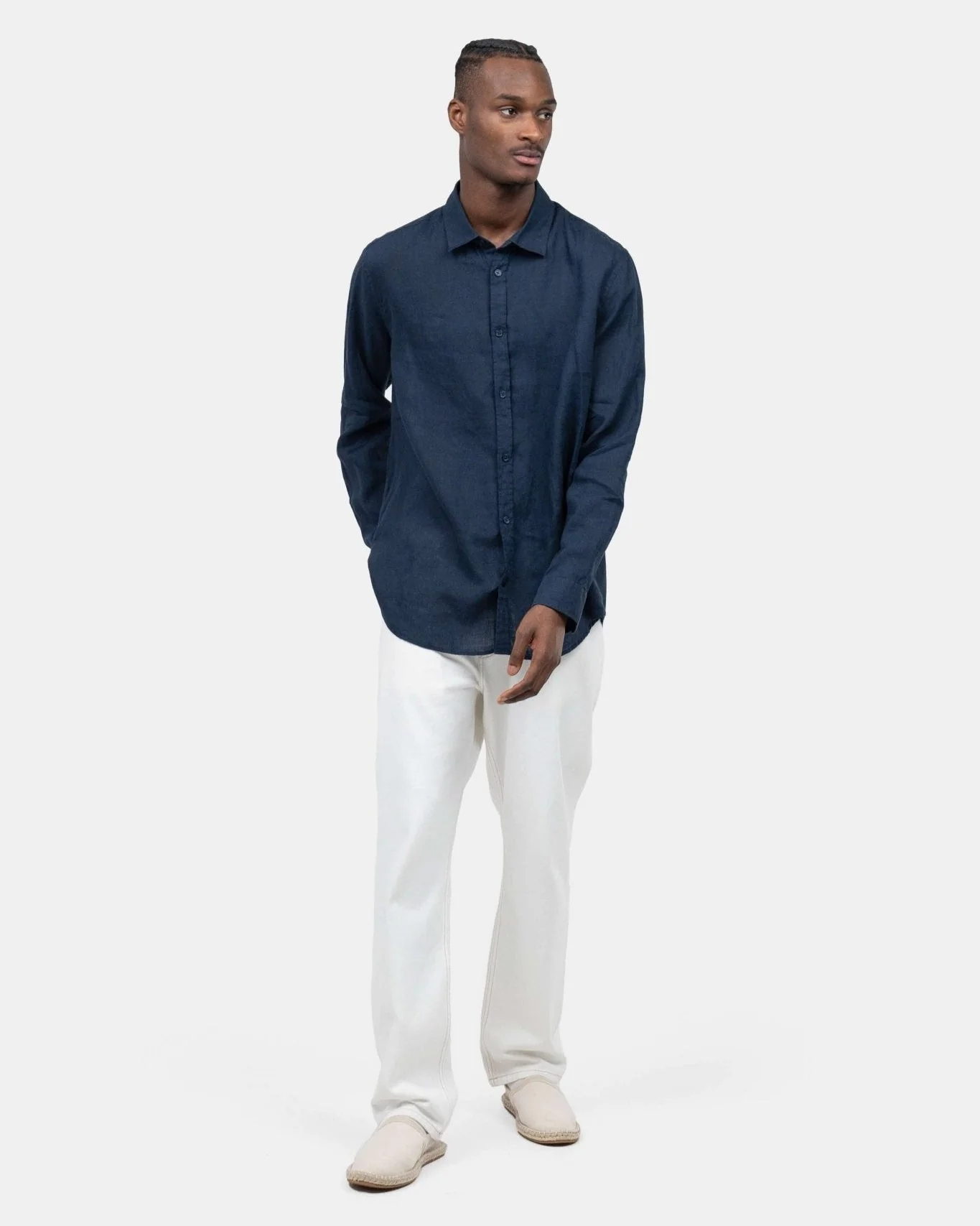 Long -sleeved flax shirt navy - Image 4