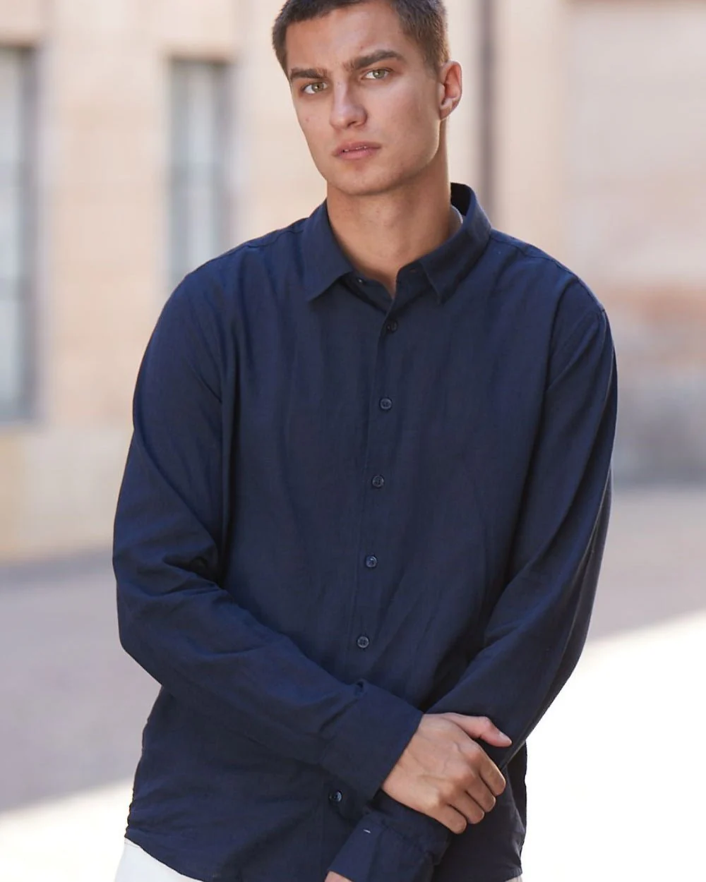 Long -sleeved flax shirt navy - Image 5