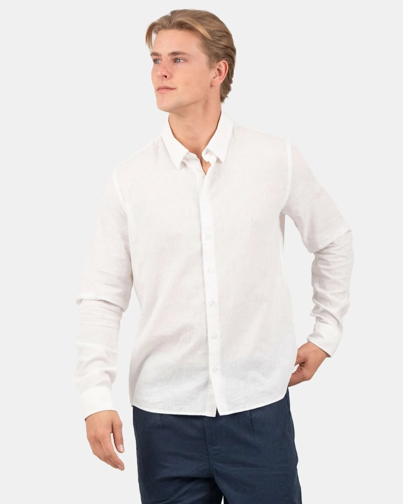 Long -sleeved flax shirt white - Image 3