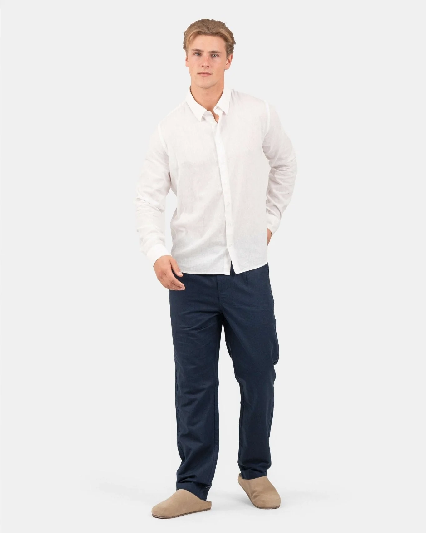 Long -sleeved flax shirt white - Image 5
