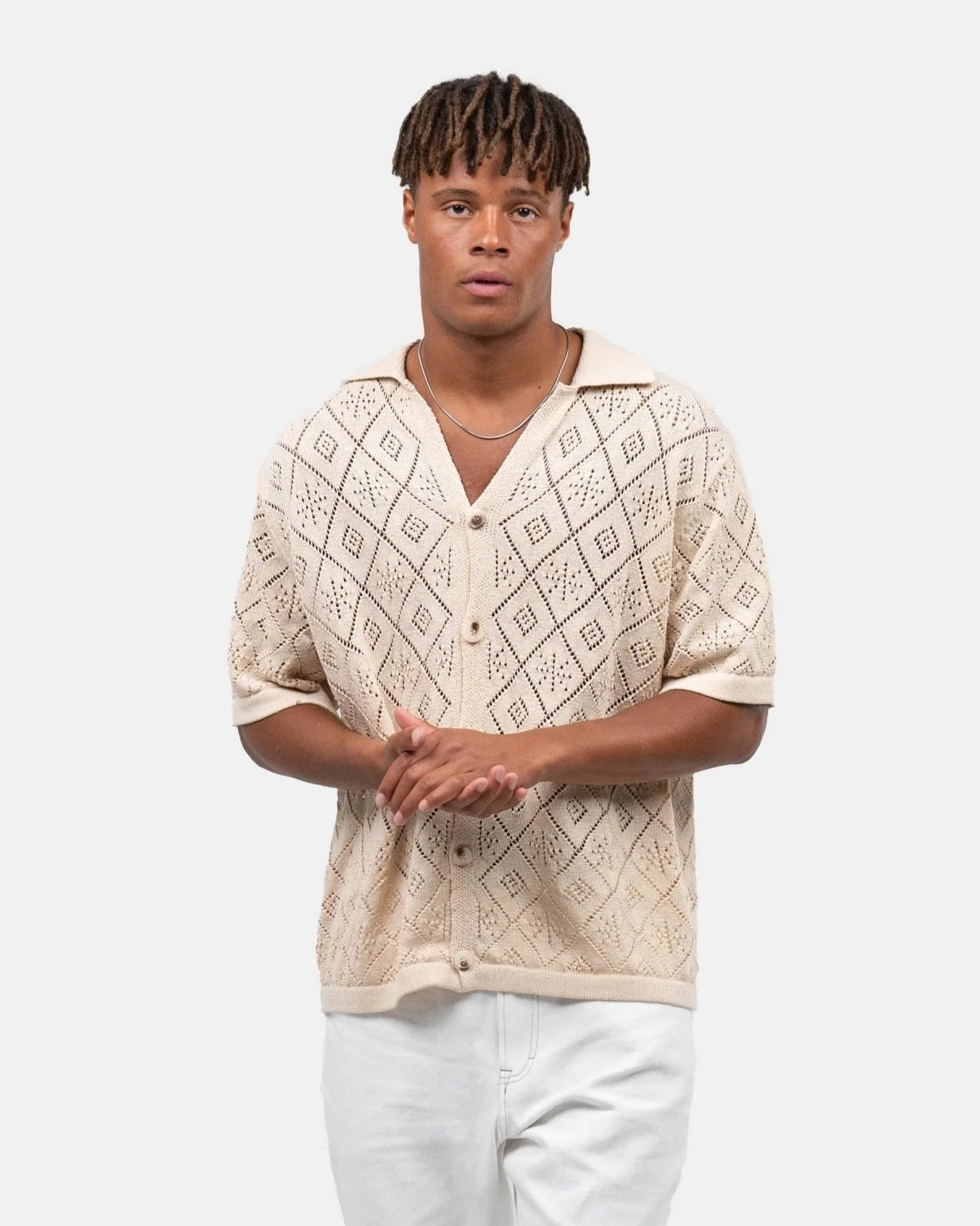 Short -sleeved crochet shirt beige - Image 3