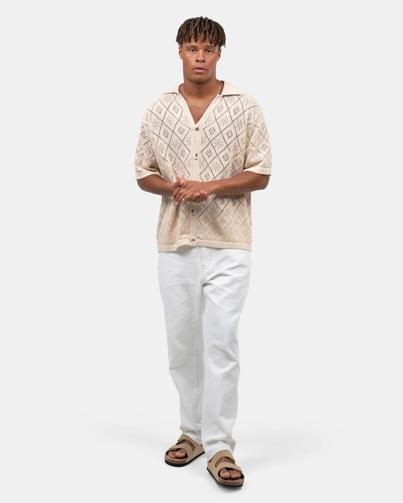 Short -sleeved crochet shirt beige - Image 4