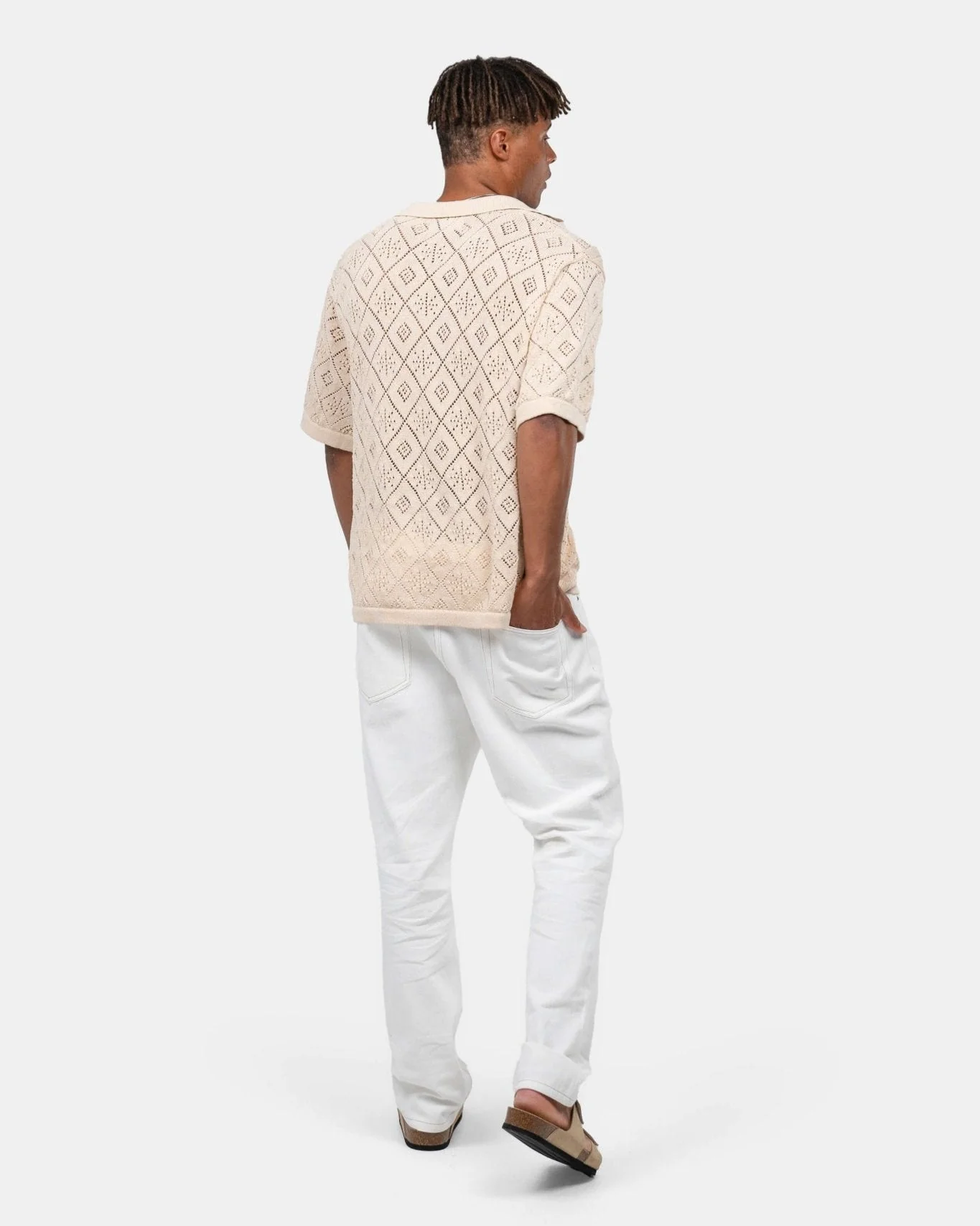 Short -sleeved crochet shirt beige - Image 6