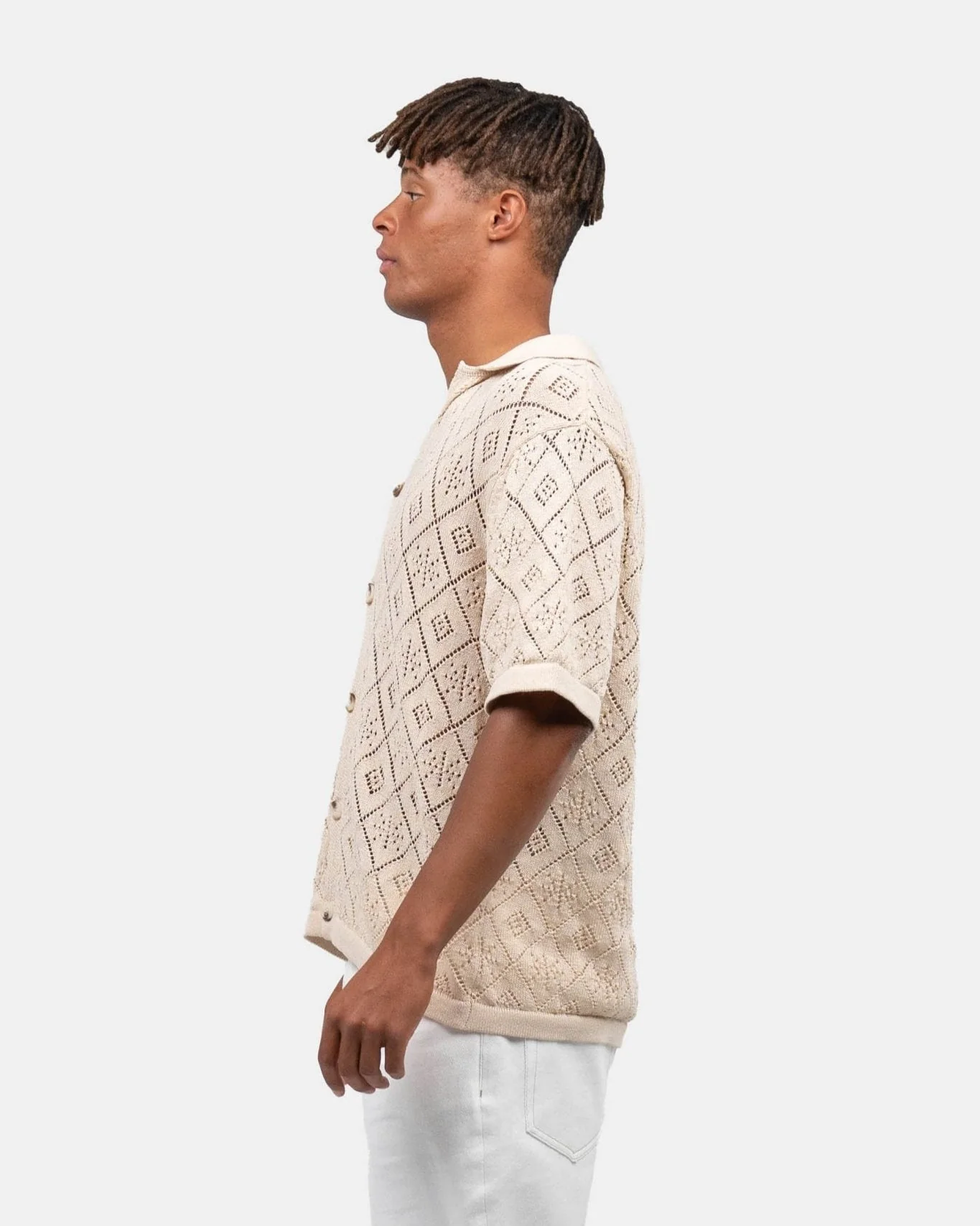 Short -sleeved crochet shirt beige - Image 7