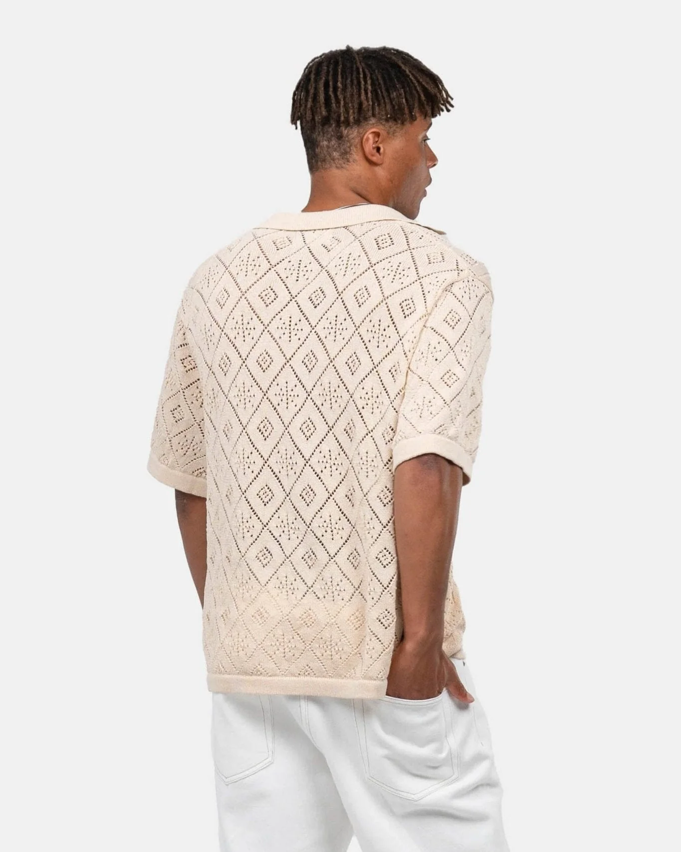 Short -sleeved crochet shirt beige - Image 8