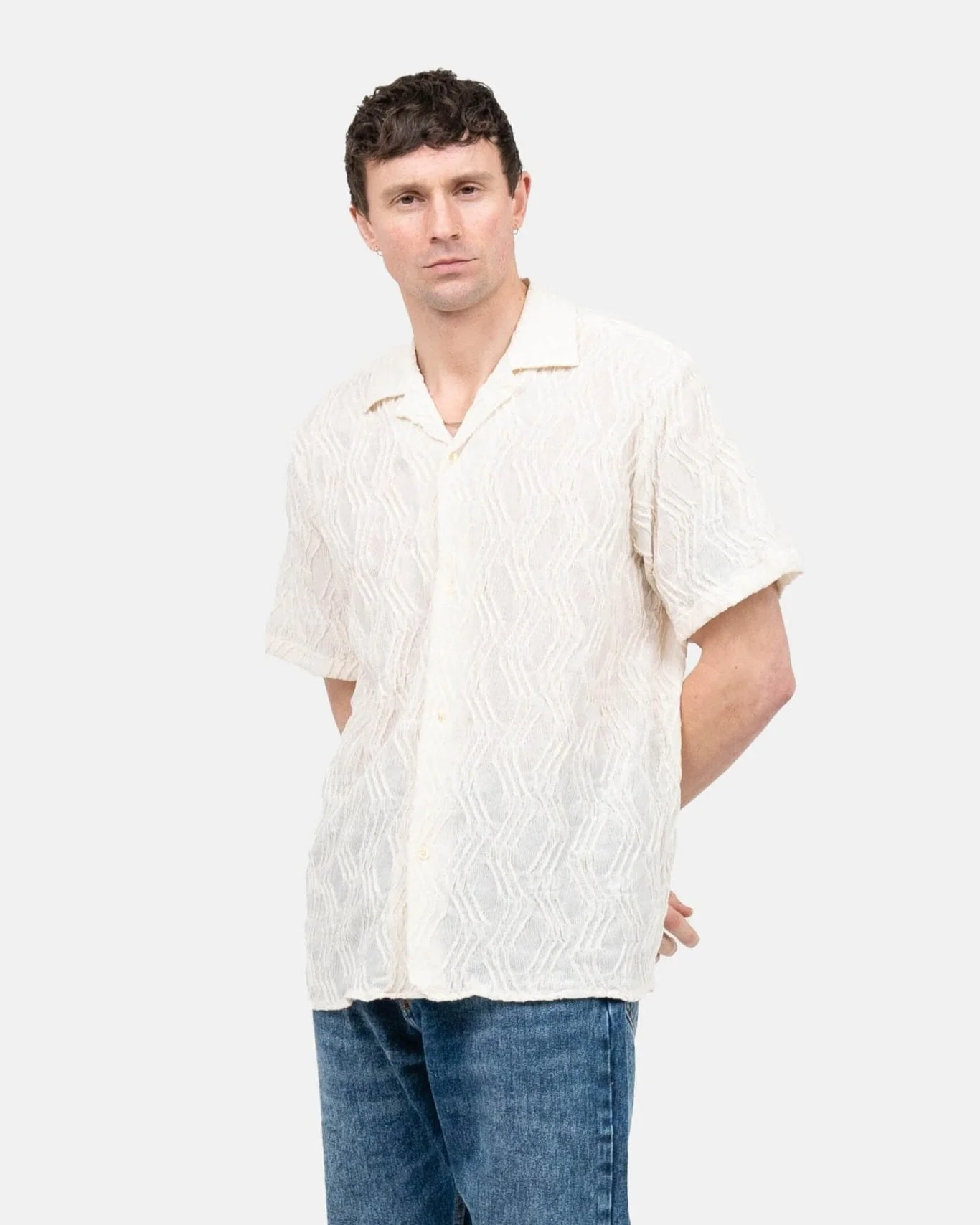 Short sleeve jacquard shirt cream white - Image 3