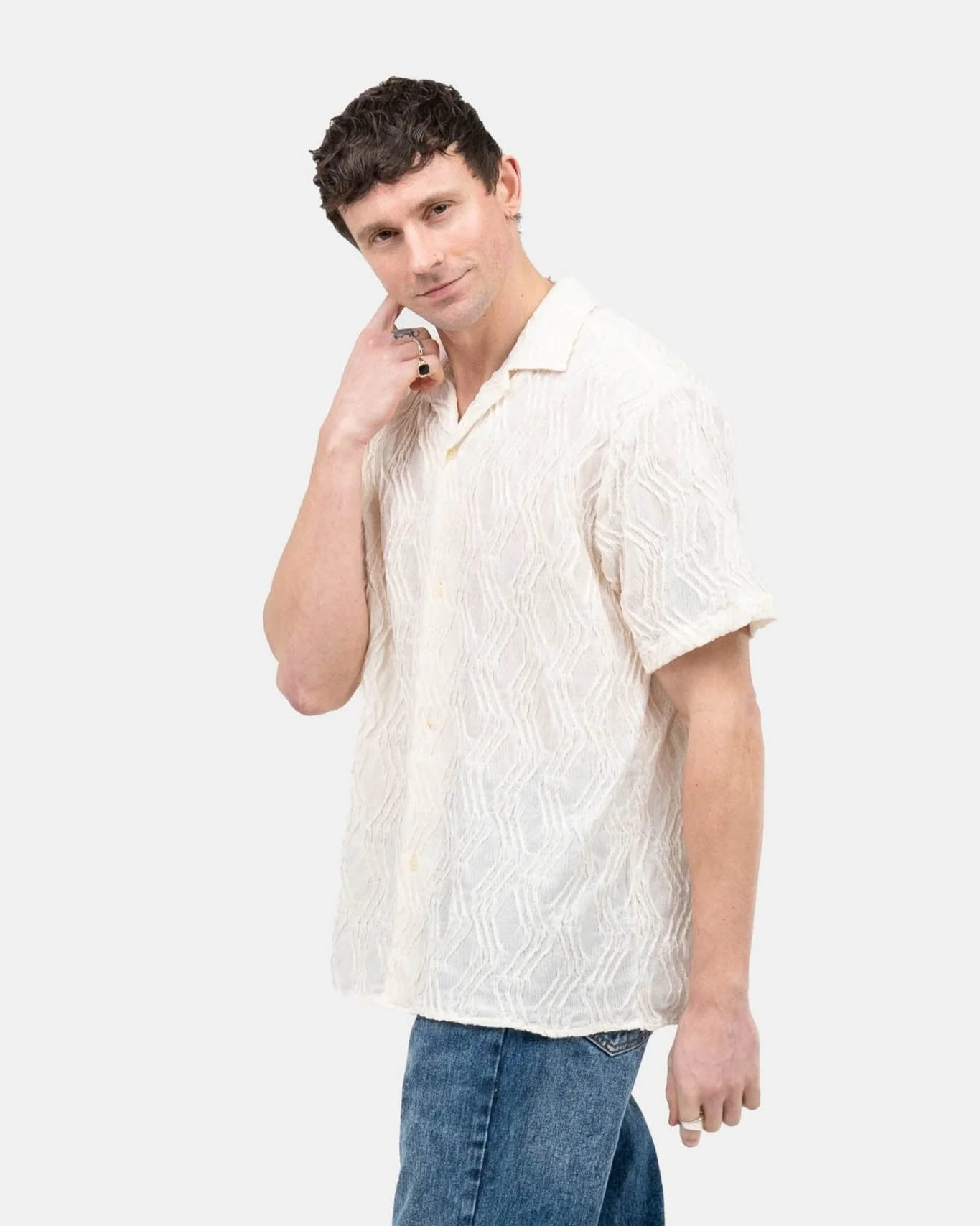 Short sleeve jacquard shirt cream white - Image 7
