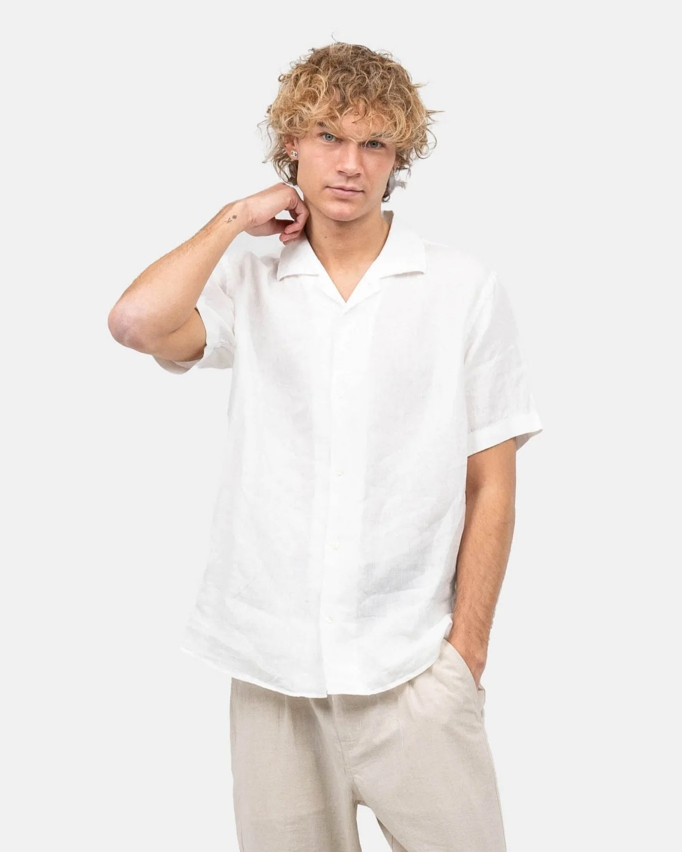 Short -sleeved flax shirt white - Image 4