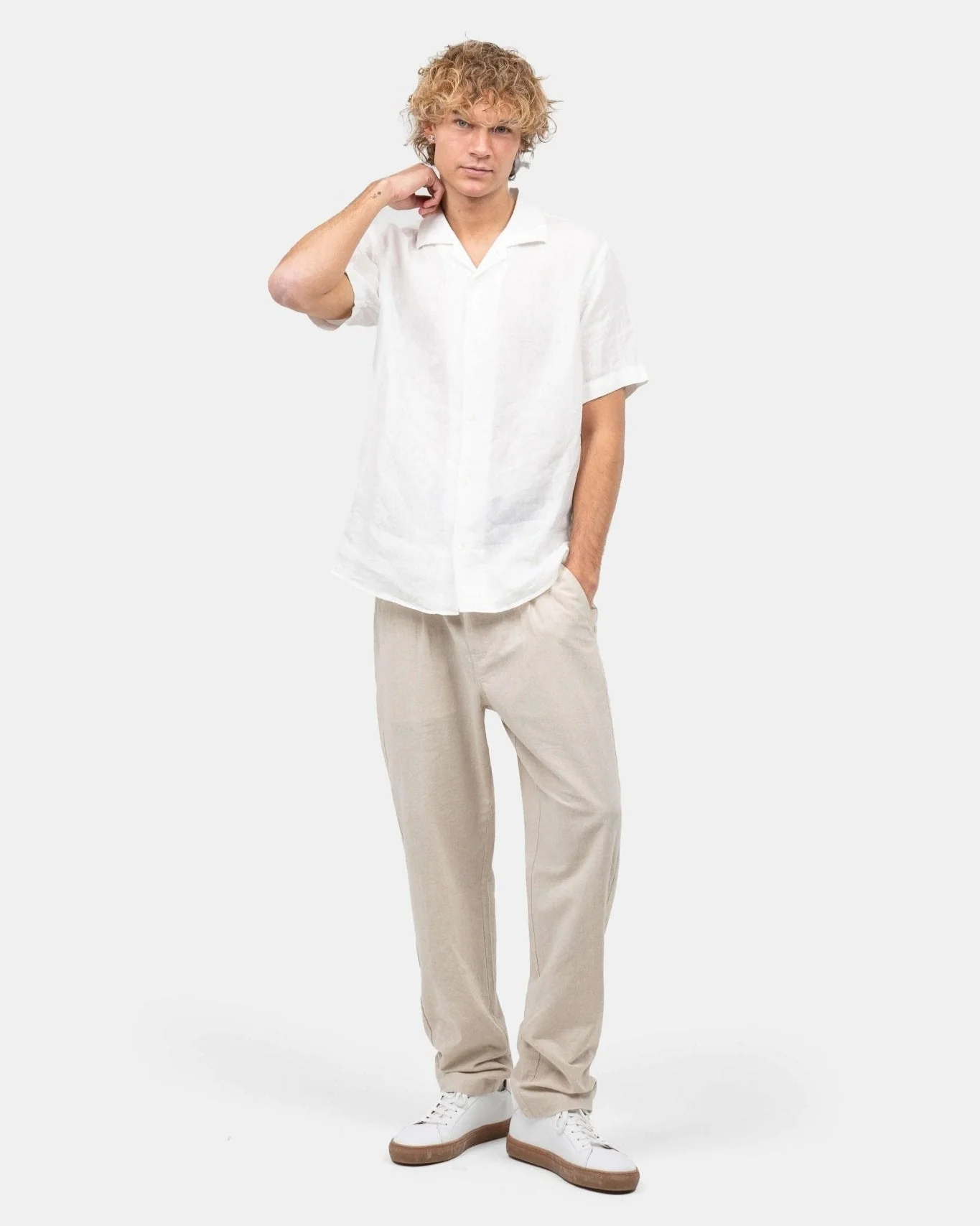 Short -sleeved flax shirt white - Image 5